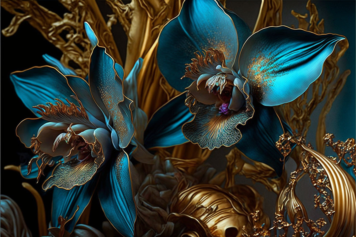 Abstract Blue Orchid Flowers Gold Canvas Art Wall Picture