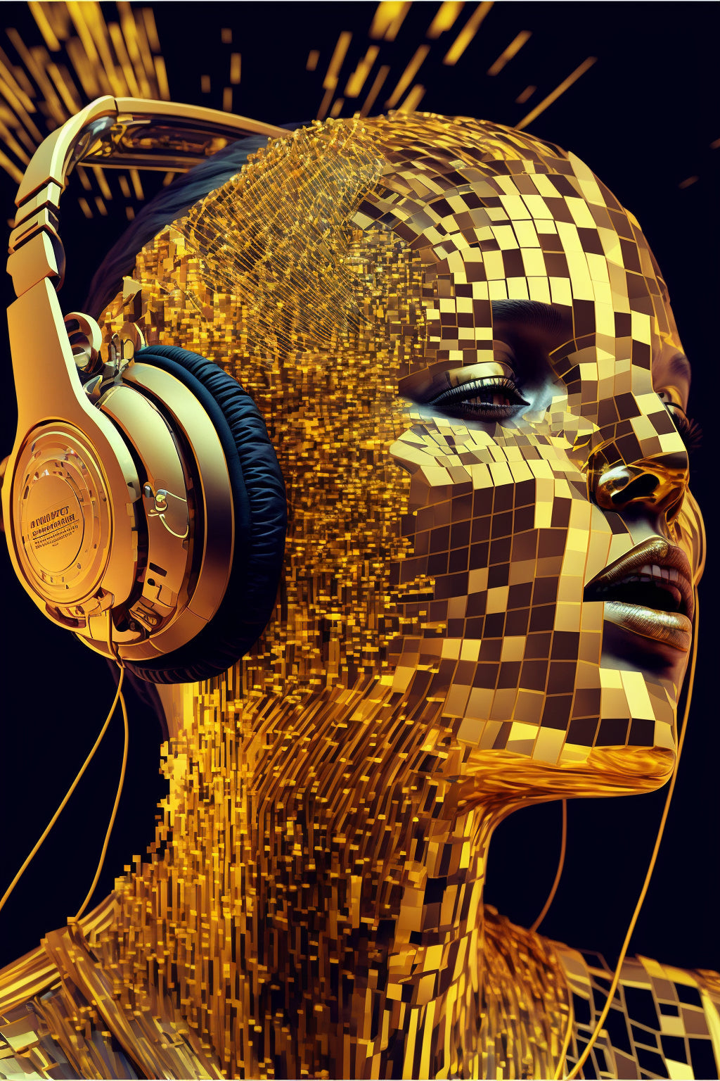 Abstract Fantasy Gold Lady Headphones Music Canvas Art Wall Picture