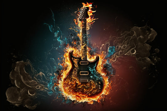 Abstract Guitar Flames Orange Blue Canvas Art Wall Picture