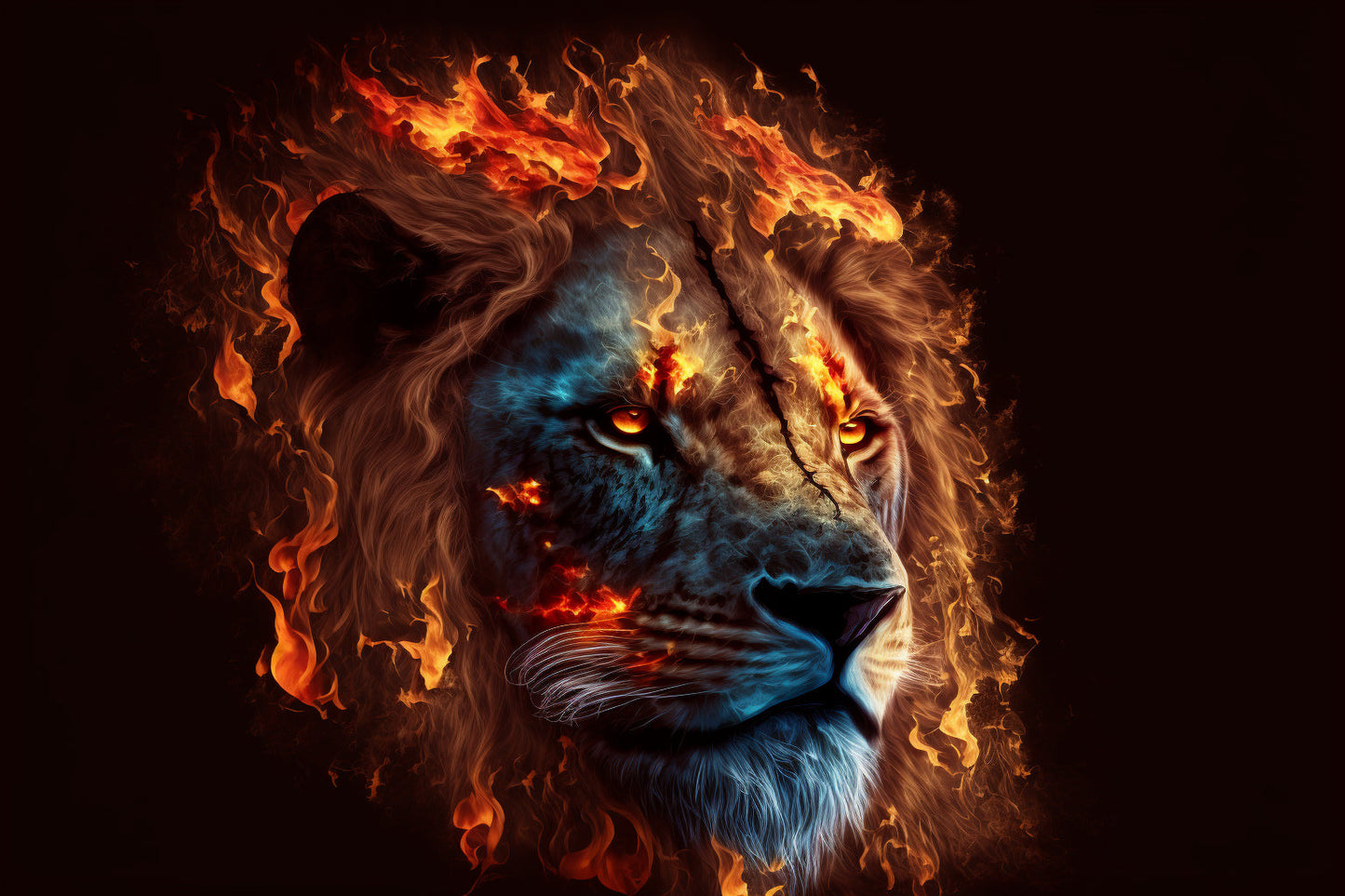 Abstract Lion Orange Flames Fire Canvas Art Wall Picture