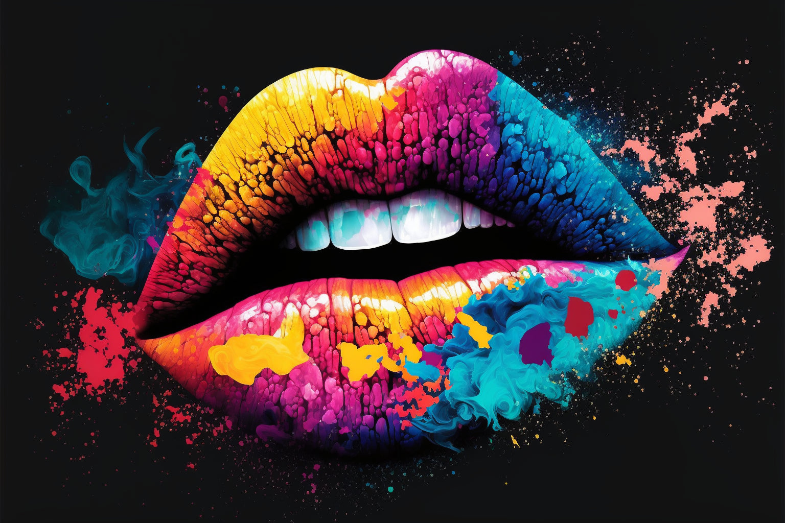 Abstract Lips Colourful Blue Yellow Pink Canvas Art Wall Picture