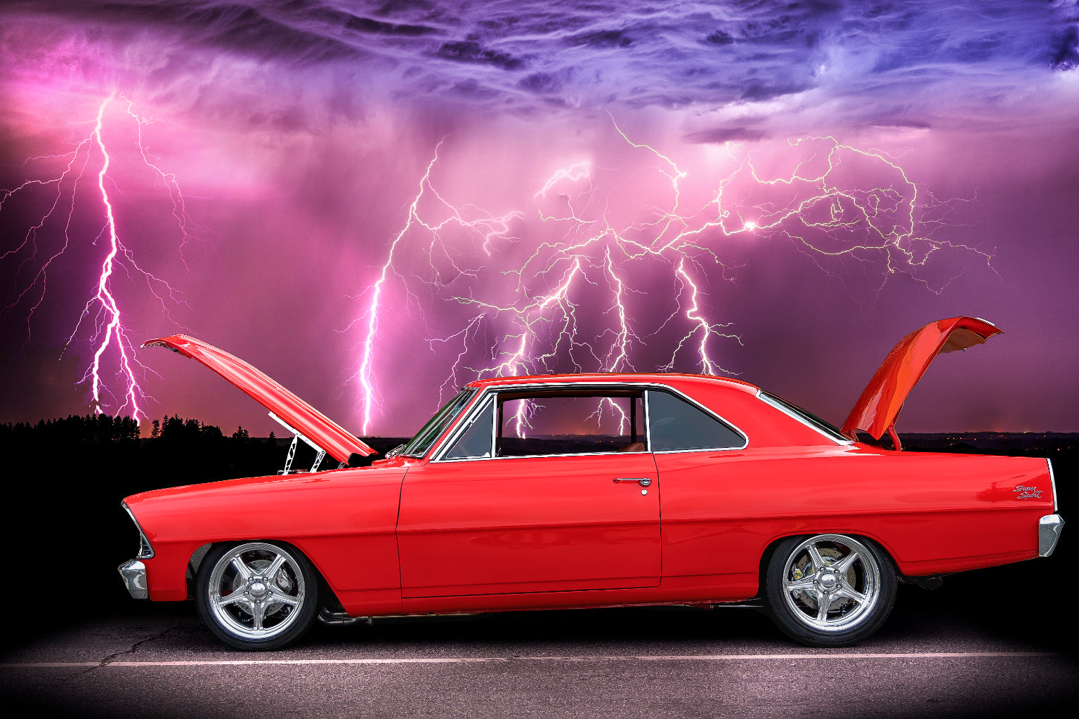 American Car Purple Lightning Cars Canvas Art Wall Picture Or Gloss Print