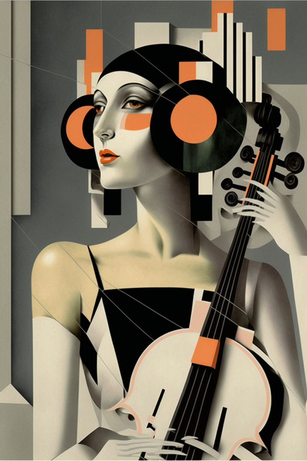 Art Deco Lady Abstract Orange Grey Canvas Art Wall Picture