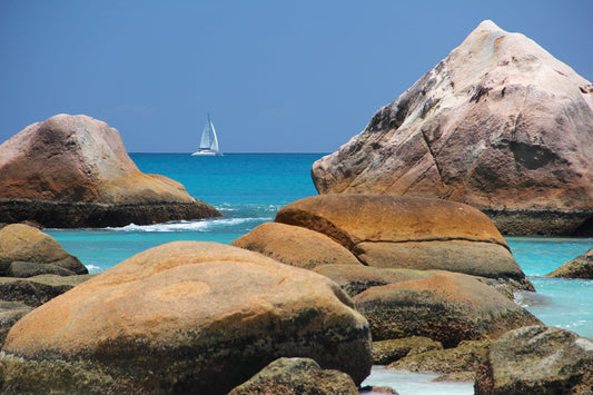 Beach Rocks Sea Boat Landscape Canvas Art Wall Picture Or Gloss Print