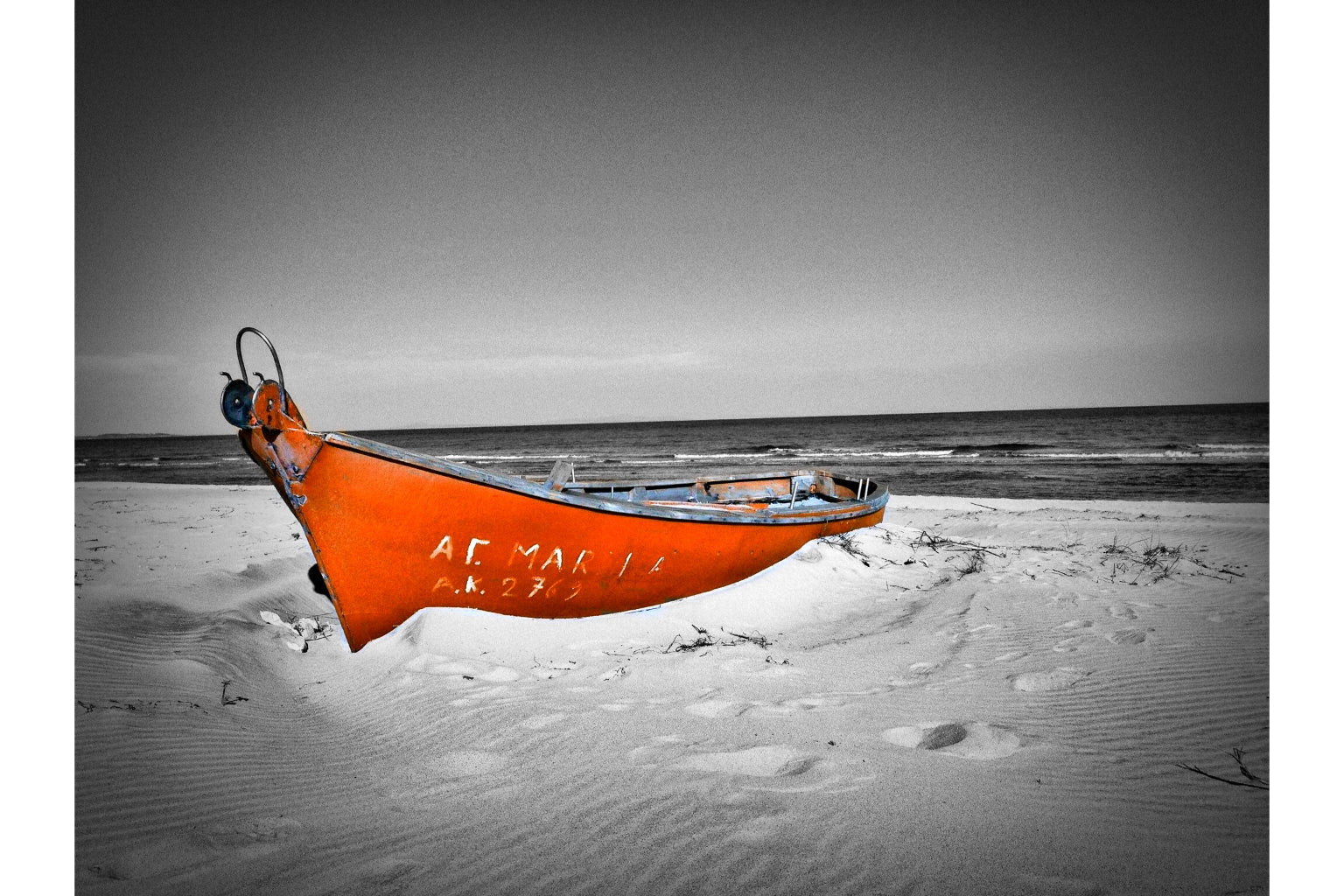 Black White Grey Beach Orange Boat Canvas Art Wall Picture Or Gloss Print