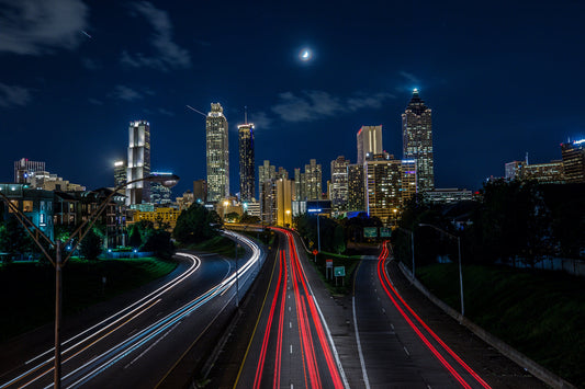 Blue City Road Lights Cityscape Night Canvas Art Wall Picture Or Gloss Print