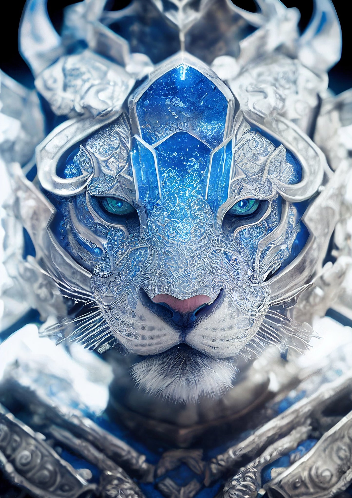 Blue Crystal Tiger Silver Fantasy Canvas Art Wall Picture