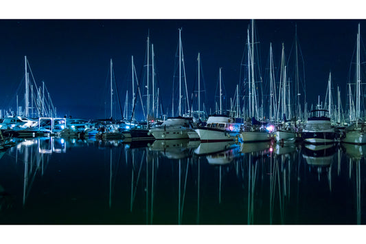 Blue Night Lights Harbour Boats Canvas Art Wall Picture Or Gloss Print