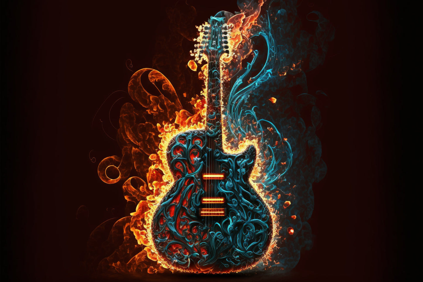 Blue Orange Guitar Flames Abstract Canvas Art Wall Picture