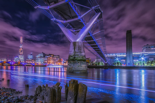 Blue Purple City Bridge Lights Cityscape Canvas Art Wall Picture Or Gloss Print