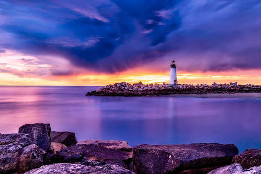 Blue Purple Lighthouse Sunset Sunrise Sea Water Canvas Art Wall Picture