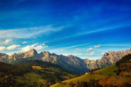 Blue Sky Mountains Green Grass Landscape Canvas Art Wall Picture Or Gloss Print