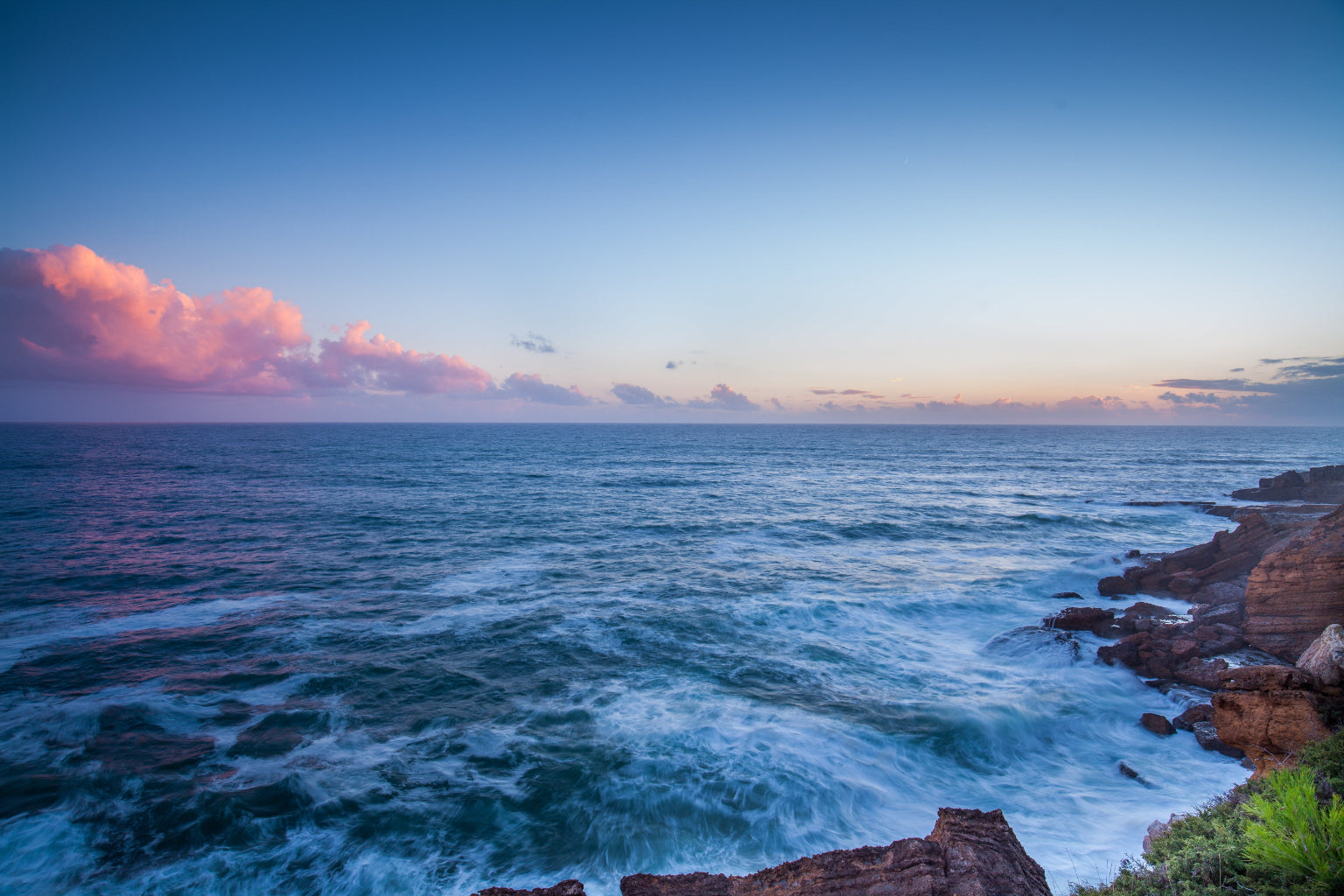 Blue Sky Pink Clouds Sunset Beach Sea Canvas Art Wall Picture Or Gloss Print