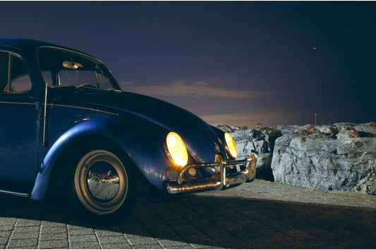 Blue Vintage Classic Beetle Car At Night Canvas Art Wall Picture Or Gloss Print