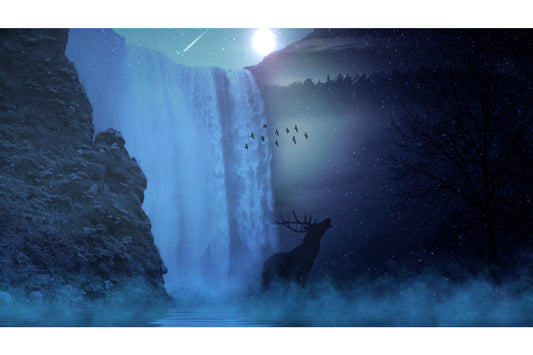 Blue Waterfall Deer Canvas Art Wall Picture Or Gloss Print