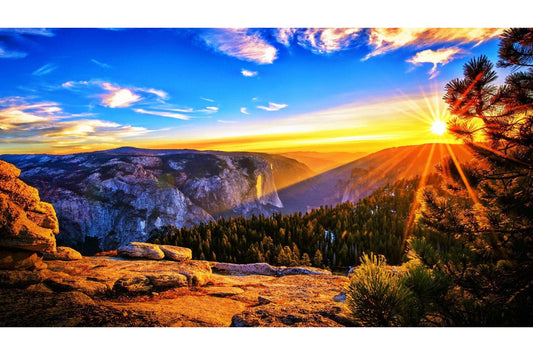 Blue Yellow Sky Sunset Mountain Forest Canvas Art Wall Picture Or Gloss Print