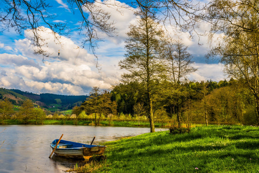 Boat Lake Green Fields Blue Sky Canvas Art Wall Picture Or Gloss Print