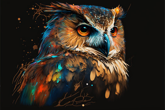 Brown Blue Colourful Owl Bird Abstract Canvas Art Wall Picture