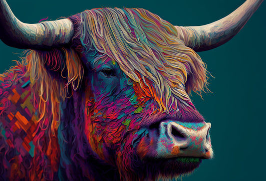 Bull Colourful Abstract Blue Teal Purple Canvas Art Wall Picture