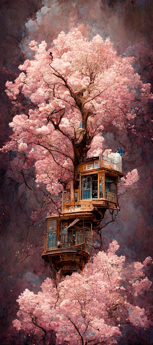 Cherry Blossom Flowers Pink Tree House Canvas Art Wall Picture