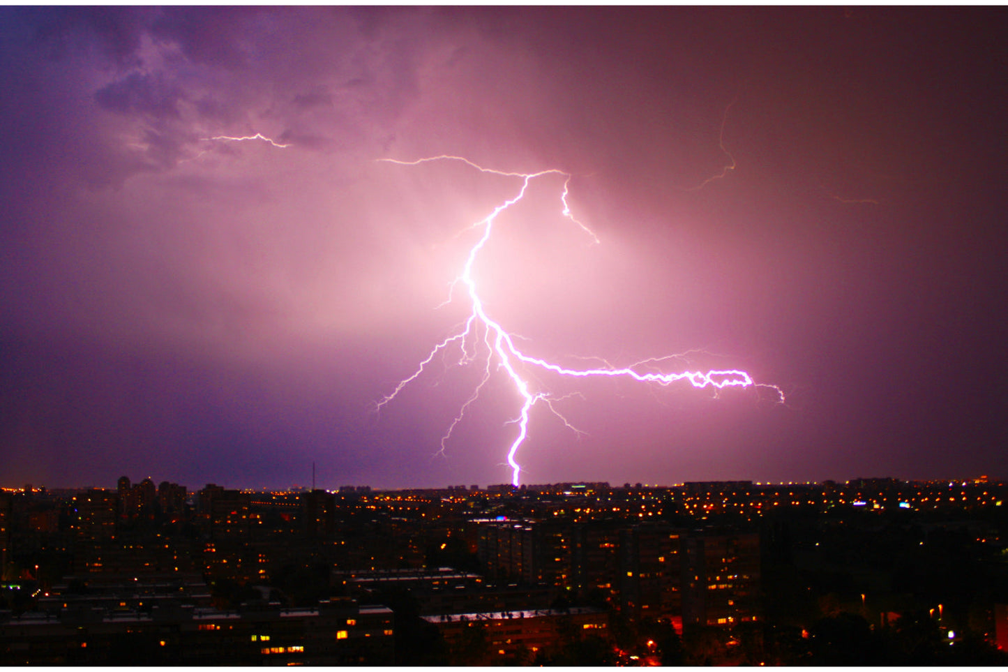 City Storm Lightning Purple Canvas Art Wall Picture Or Gloss Print