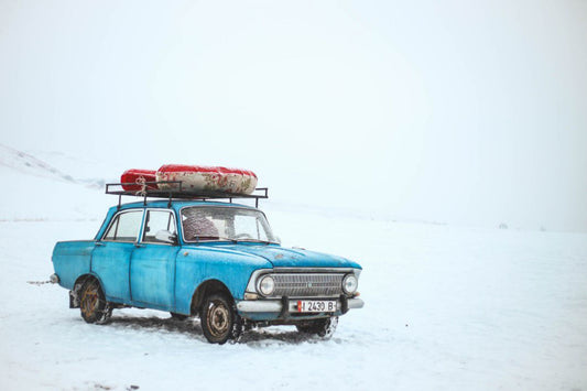 Classic Blue Car In Snow Winter Canvas Art Wall Picture Or Gloss Print