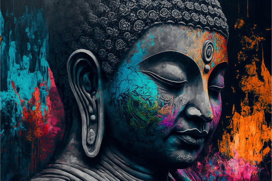 Colourful Buddha Statue Blue Pink Orange Canvas Art Wall Picture