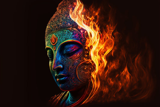 Colourful Flames Buddha Teal Blue Purple Orange Canvas Art Wall Picture