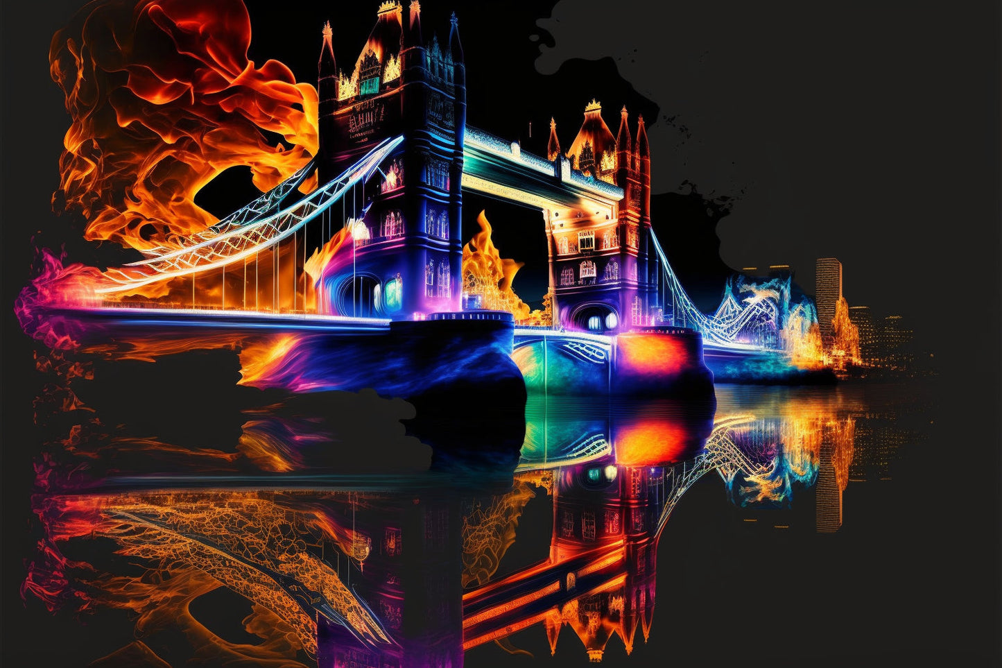 Colourful Flames London City Bridge Canvas Art Wall Picture