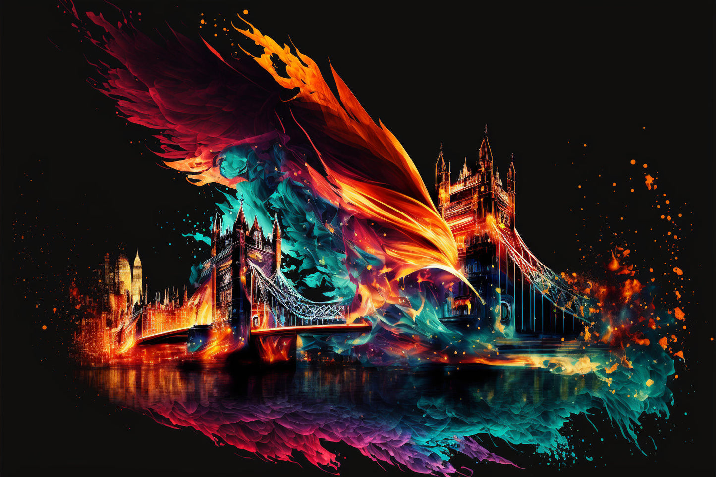 Colourful Multi Colour London City Flames Canvas Art Wall Picture