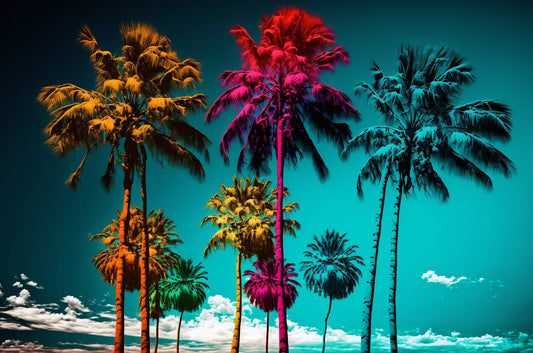 Colourful Palm Trees Pink Teal Blue Yellow Canvas Art Wall Picture