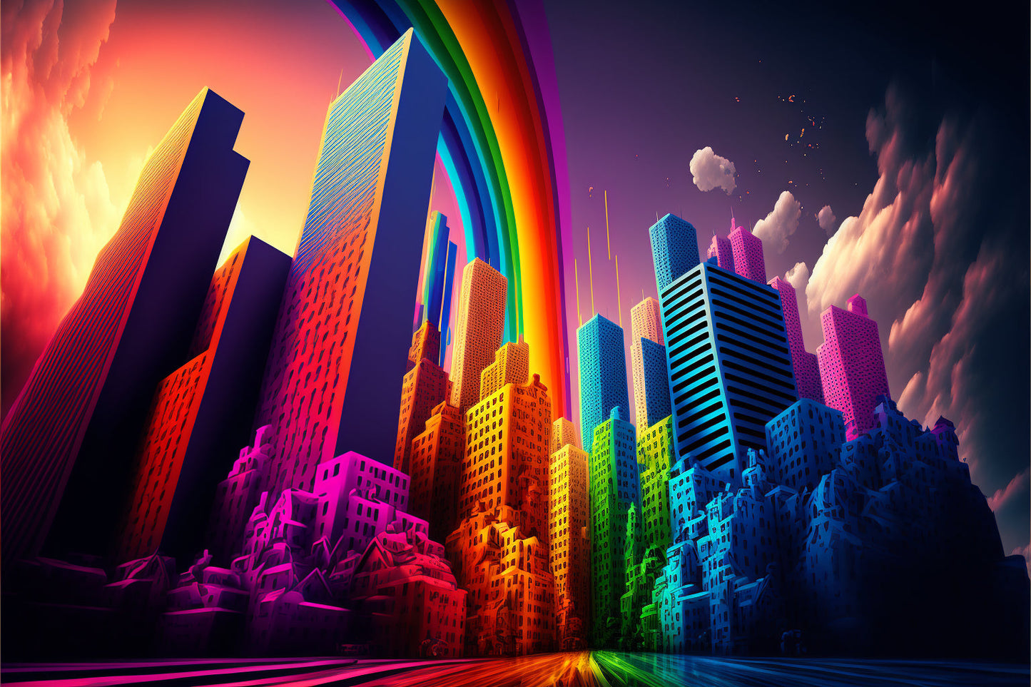 Colourful Rainbow City Abstract Canvas Art Wall Picture