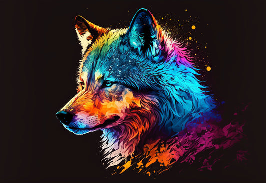 Colourful Wolf Blue Purple Orange Canvas Art Wall Picture