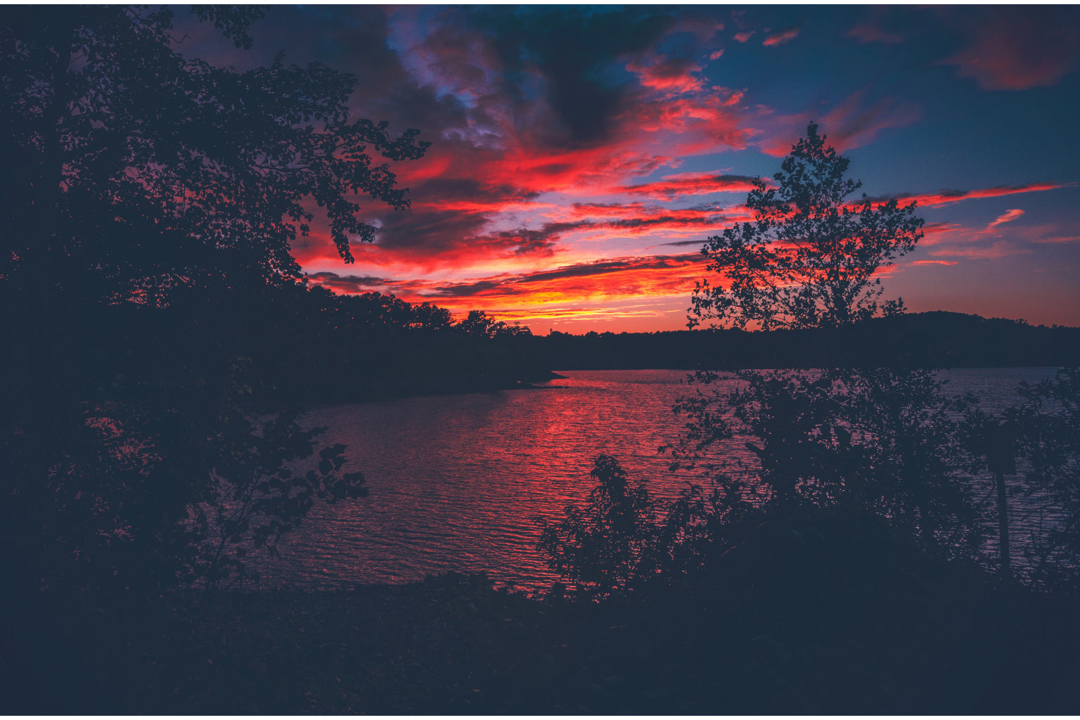 Dark Orange Blue Sunset Lake Landscape Canvas Art Wall Picture Or Gloss Print