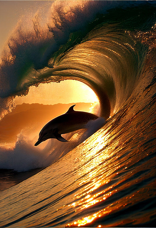 Dolphin Orange Sunset Sea Wave Canvas Art Wall Picture