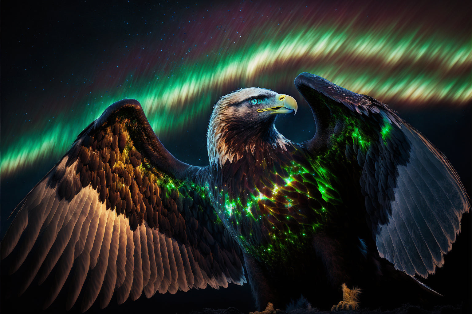 Eagle Bird Northern Lights Green Canvas Art Wall Picture