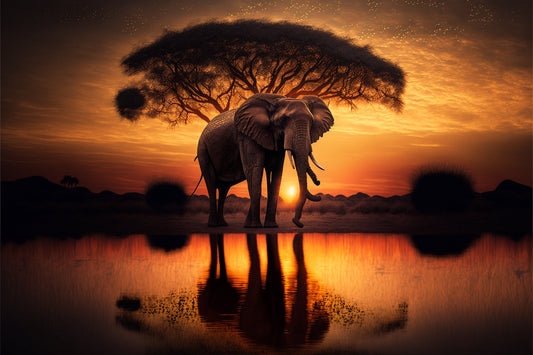 Elephant Sunset Tree Orange Canvas Art Wall Picture