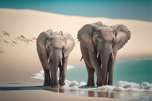 Elephants On Beach Blue Sea Canvas Art Wall Picture