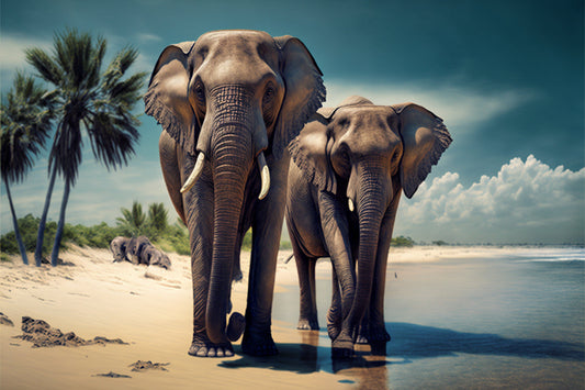 Elephants On Beach Palm Trees Canvas Art Wall Picture