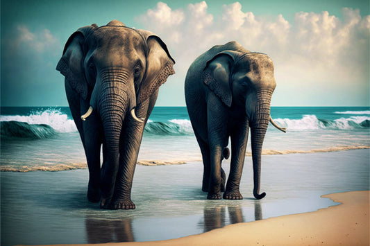 Elephants On Sea Beach Blue Canvas Art Wall Picture