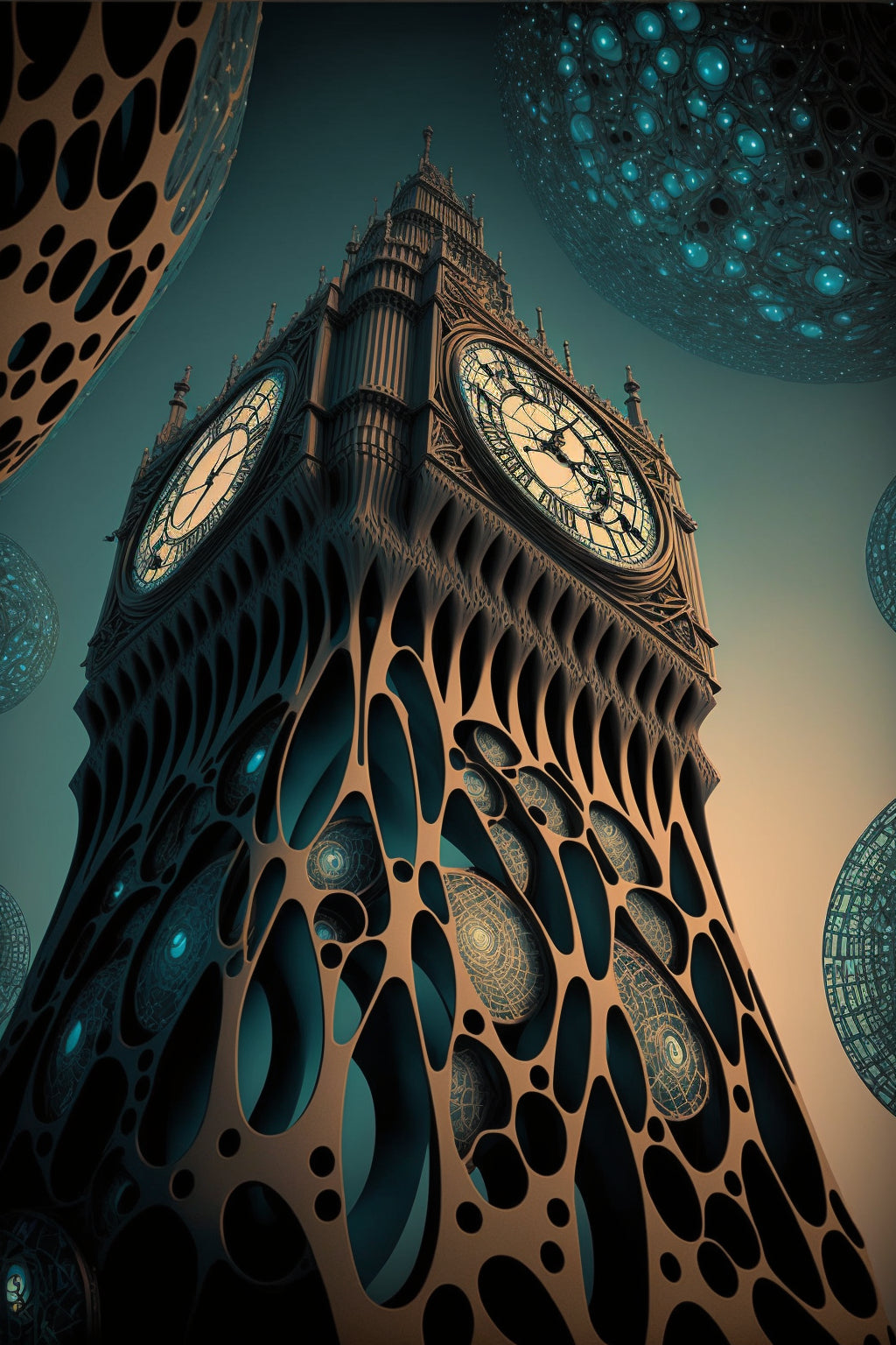 Fantasy Abstract Big Ben London City Teal Blue Canvas Art Wall Picture