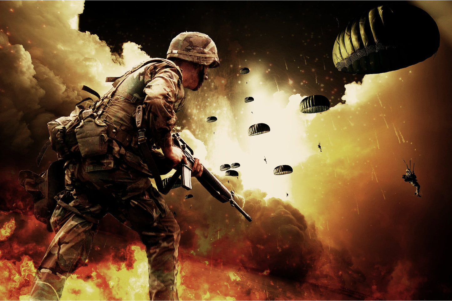 Fantasy Army Parachute Fire Canvas Art Wall Picture Or Gloss Print