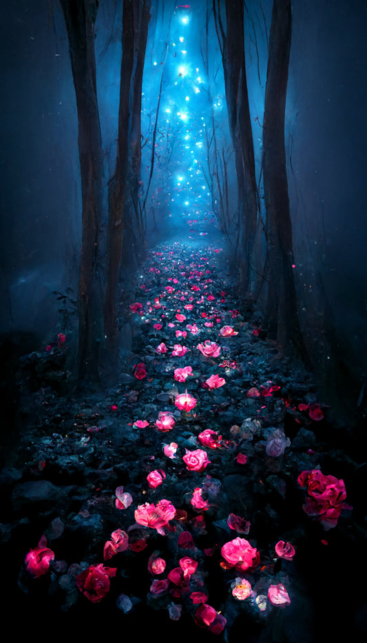 Fantasy Blue Pink Flowers Lights Woods Canvas Art Wall Picture