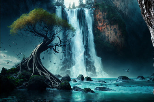 Fantasy Blue Waterfall Landscape Canvas Art Wall Picture