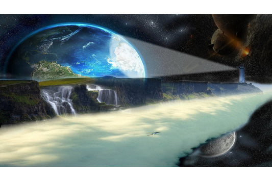 Fantasy Earth Waterfall Lighthouse Planets Canvas Art Wall Picture Or Gloss Print