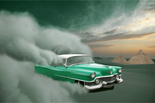 Fantasy Green Car Pyramid Clouds Cars Canvas Art Wall Picture Or Gloss Print