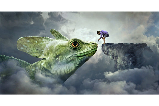 Fantasy Green Lizard Reptile Grey Canvas Art Wall Picture Or Gloss Print