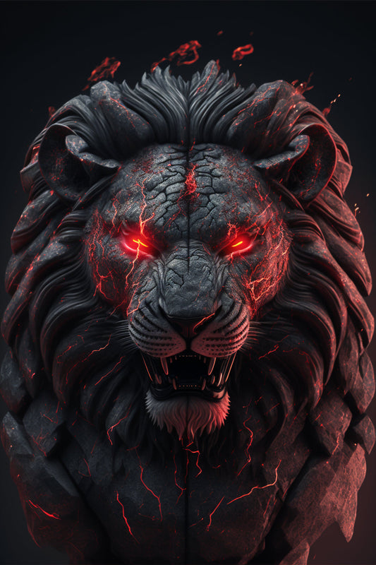 Fantasy Lion Neon Red Lights Canvas Art Wall Picture