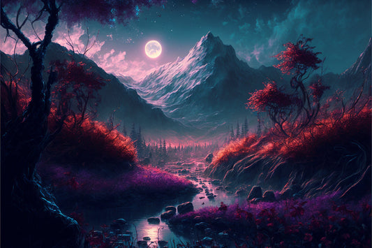 Fantasy Mountain Space Purple Moon Canvas Art Wall Picture