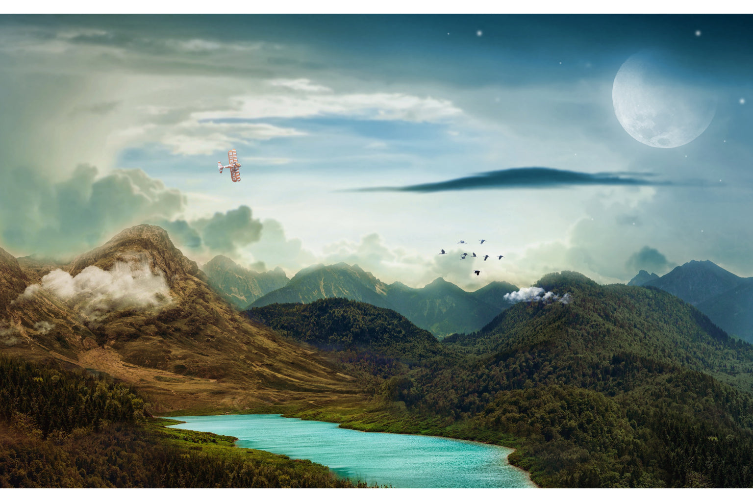 Fantasy Mountains Moon Airplane Landscape Canvas Art Wall Picture Or Gloss Print